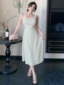 DAZY U领无袖格子长连衣裙，女士舞会礼服，吊带裙，休闲女装，优雅女装 - 米色 - 查看 5