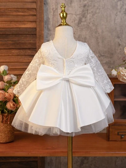 SHEIN Glamorique Kids Baby Girl White Tulle Embroidery Dress, Wedding Flower Girl Formal Dress, Satin Big Bow Long Sleeve Puffy Skirt, Baby Christening Gown