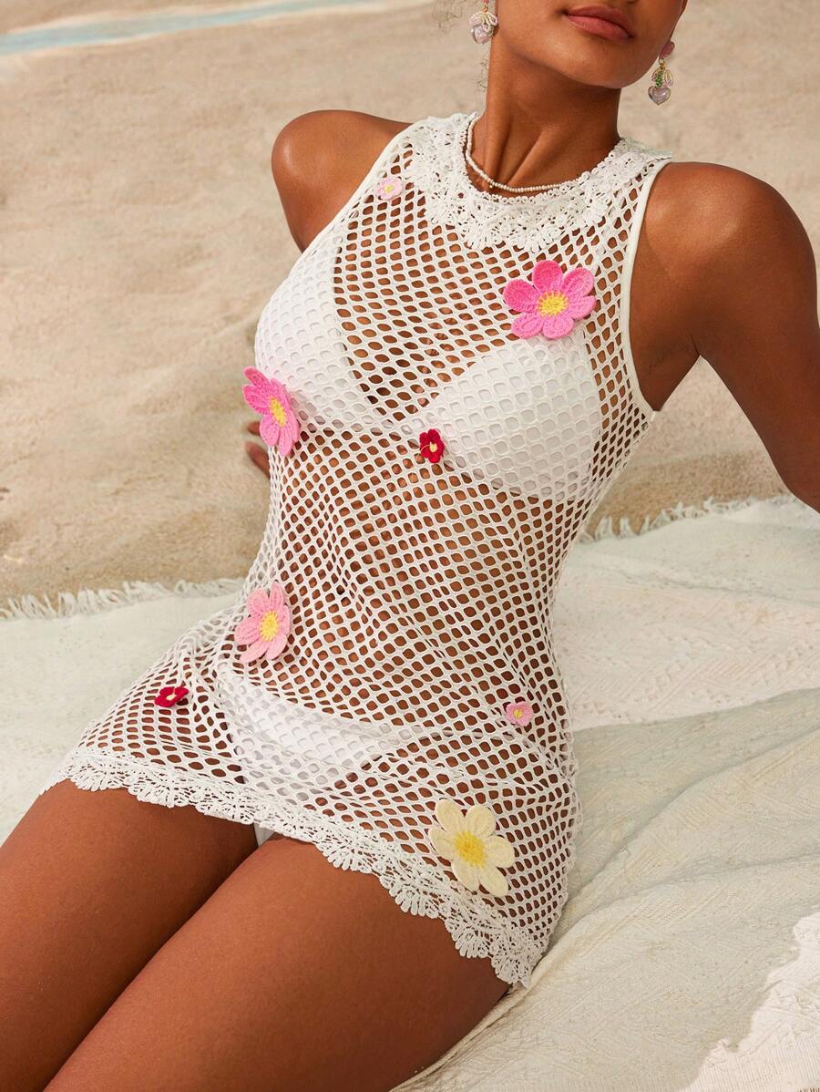 Swim Mod Roupas de verão femininas, vestido com decoração floral 3D, minissaia/saia de praia, elegante para festivais de música, primavera/verão, novidade - Multicolorido - Ver 1