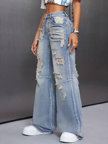 SHEIN ICON Jeans de pierna ancha rasgados estilo urbano para mujeres