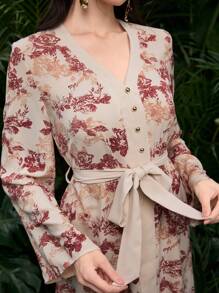 Graceveil 印花长袖收腰阿拉伯风格女式连衣裙 - 杏色 - 查看 4