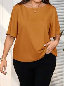 SHEIN Frenchy 大码女式纯色圆领短袖休闲 T 恤 - 薑色 - 查看 6