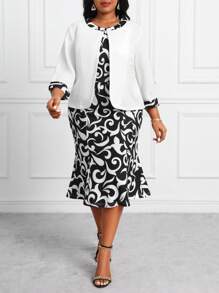 Fleurora 大码商务正式教师服装两件套连衣裙和西装外套，秋季休闲装教师服秋装冬装秋季服装女两件套 - 黑與白 - 查看 6