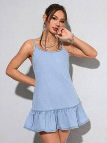 SHEIN PETITE Women's Simple Solid Color Casual Denim Cami Dress, Fashion & Everyday Wear