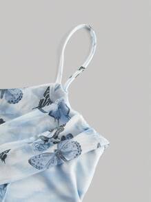 SHEIN MOD 蓝色复古蝴蝶印花不对称下摆夏季吊带连衣裙 - 藍色 - 查看 3