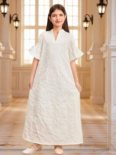 SHEIN Tween Girls' Vacation Elegant Party Jacquard V-Neck Short Sleeve Long Dress