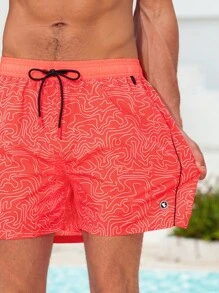 Surfspeed Men's Front Tie Waist Printed Casual Beach Shorts, Vacation Holiday Style Men Swim Trunks - Red - View 5