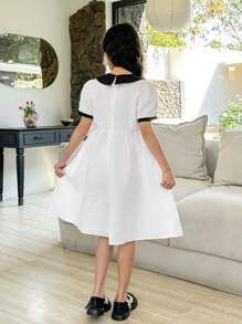 SHEIN Preteen Girls' Sweet Office Textured Fabric Collared Dress - White - View 2