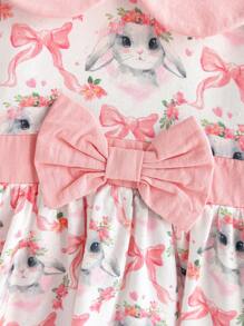 Cozy Pixies Baby Mädchen Kleid mit Cartoon Hase Muster, Puffärmel, Taillenzug