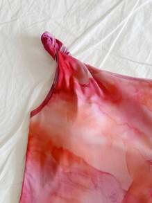 Soleia Vacation Asymmetrical Shoulder Tie-Front Design Elastic Knit Mesh Tie Dye Ruched Summer Top - Multicolor - View 4