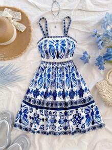 Soleia Vestido mini con tirantes y espalda descubierta con estampado de patrones, estilo vacacional versátil