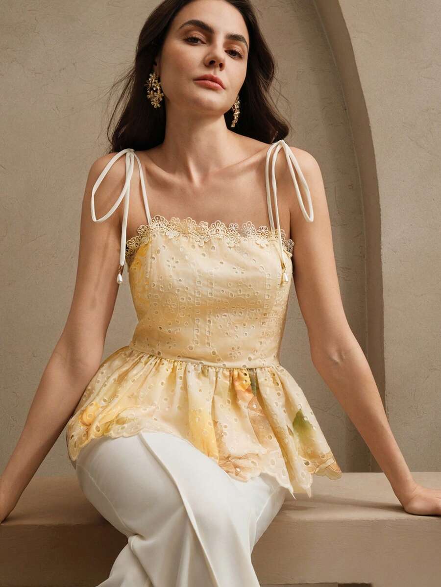 Anewsta Women Floral Embroidery Hollow Out Patched Lace Bowknot Waist Elegant A-Line Backless Tank Top, Suitable For Festivals, Going Out, Vacation, Summer - Apricot - View 1
