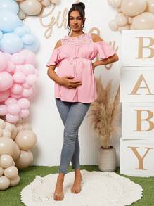 Loomaby 孕妇蕾丝拼布露肩衬衫，适合婴儿送礼会