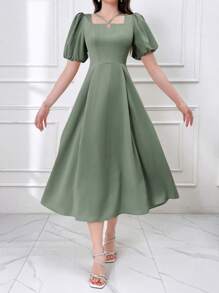 Modelyn Vestido corto, de manga corta, de unicolor, con diseño hueco y estilo casual árabe para mujer