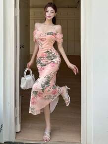 DAZY Women's Ditsy Floral Print Waist-Cinched Off Shoulder Chiffon Fish Tail Midi Dress - Pink - View 1