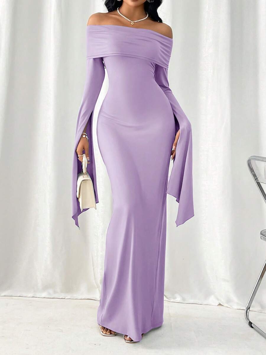 Firerie Women's Collared Off Shoulder Long Bodycon Dress,Lavender Dress - Purple - View 1