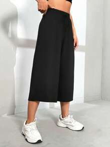 SHEIN EZwear 女士高腰宽松休闲黑色阔腿裤 - 黑色 - 查看 5