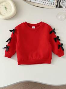 SHEIN Leap Crew 可爱小女孩红色蝴蝶结长袖运动衫，百搭秋冬季 - 紅色 - 查看 1