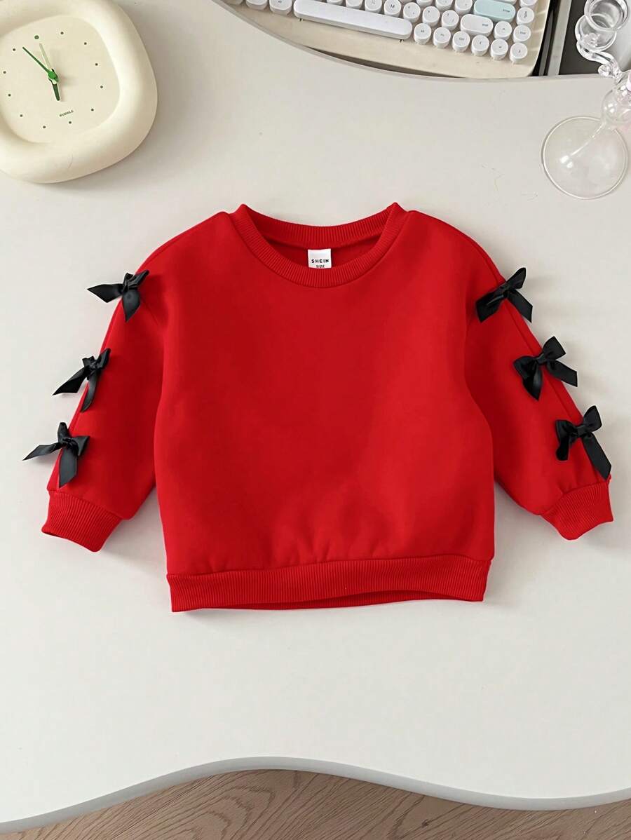 SHEIN Leap Crew 可爱小女孩红色蝴蝶结长袖运动衫，百搭秋冬季 - 紅色 - 查看 1