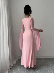 Elenzga Abito elegante da donna con collo rotondo, tinta unita, con spacco e maniche lunghe