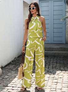 SHEIN VCAY Women's Summer 2pcs Women Printed Halter Neck Top And Pants Set Vacation Two Pieces Set Summer Sets Vacation Two Pieces Set Women Vacation Outfits Woman Festival Boho Two Pieces Set Hippie Clothing Hawaiian Two Pieces Set