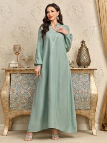 Al Najma 女士优雅花卉刺绣 V 领长裙，分层袖设计，阿拉伯风格，宽松剪裁，阿拉伯连衣裙，端庄 - 綠色 - 查看 3