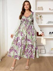 SHEIN Frenchy Robe de femme grande taille élégante et romantique avec impression de surpiqûre, bordure de taille, couleur bloc, col V en mousseline, modeste, convient pour la Saint-Valentin