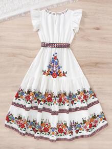 SHEIN Leap Crew Tween Girls Floral Retro Print Ruffle Trim Cap Sleeve Dress, Vacation Dress, Suitable For Garden Tea, Spring Outing And Vacation - White - View 8