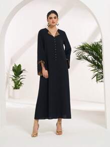 Al Najma 女式土耳其长裙和阿拉伯传统长裙、长袍和 Jalabiya，朴素 - 黑色 - 查看 6