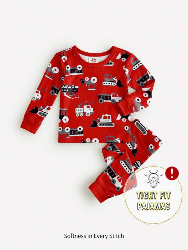 Cozy Pixies Conjunto de pijama de 2 piezas para niño bebé con top de manga larga de cuello redondo suave y pantalones estampado de coche de dibujos animados