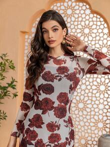 Modelyn Floral Print Round Neck Bodycon Long Sleeve Dress Maxi Women Outfit Fall Cloth For Women - Apricot - View 7