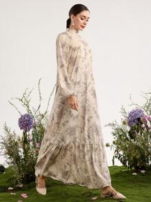 Graceveil Women's Loose Arabic Style Print Dress With Stand Collar,Modest - Khaki - View 4