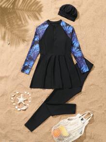 Teenagers Girls Floral Print Zipper Spaghetti Strap Top Bikini, Solid Black Bottom Mini Skirt And Long Pants