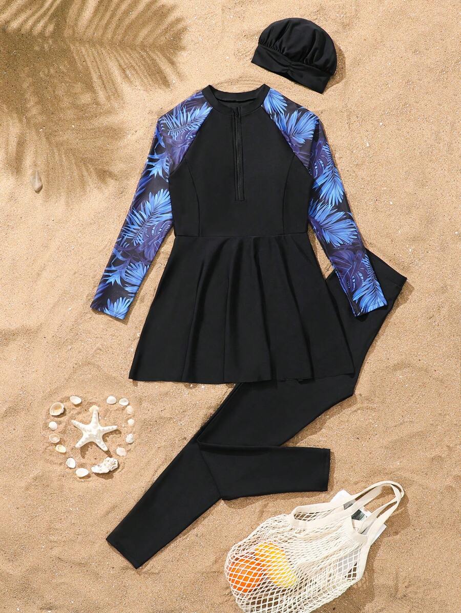 Teenagers Girls Floral Print Zipper Spaghetti Strap Top Bikini, Solid Black Bottom Mini Skirt And Long Pants Summer Holiday - Multicolor - View 1