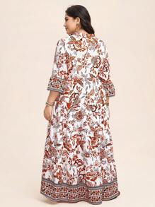 SHEIN LUNE Notched V-Neck Printed Long Dress Ramadan Summer/Spring Clothes - Multicolor - View 2