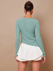 L'Amorae Women Solid Color Hollow Out Casual Slim Fit Long Sleeve Blouse - Green - View 5