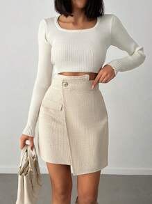 EURMUSE Tweed Buttoned Detailed Elegant Black Skirt - Beige - View 3