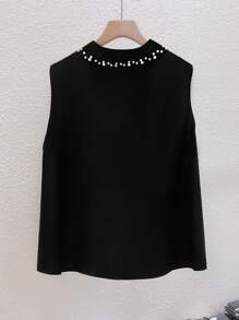 SHEIN LUNE Camicia a maniche corte con collo alla coreana e applicazioni di perle, adatta a donne taglia forte