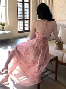 DAZY 女式全花卉印花中长领系带休闲连衣裙太阳裙