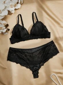 Charlaine French Style Lightweight Wireless Triangle Cup Lingerie Bra Set - Black - View 5