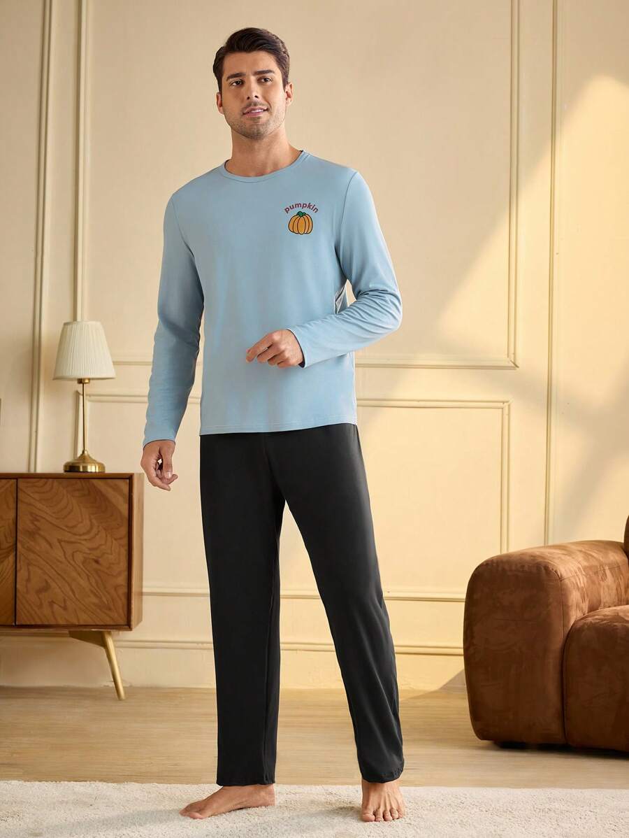 Men's Round Neck Long Sleeve Printed Simple Top And Long Pants Pajama Set - Mint Blue - View 1