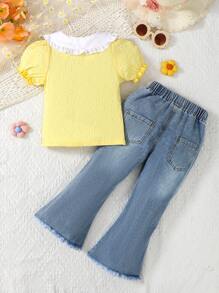 SHEIN Ramadan 2 stuks/set jonge meisjes polo kraag gebreide top met jacquard patroon & blauwe gewassen denim broek