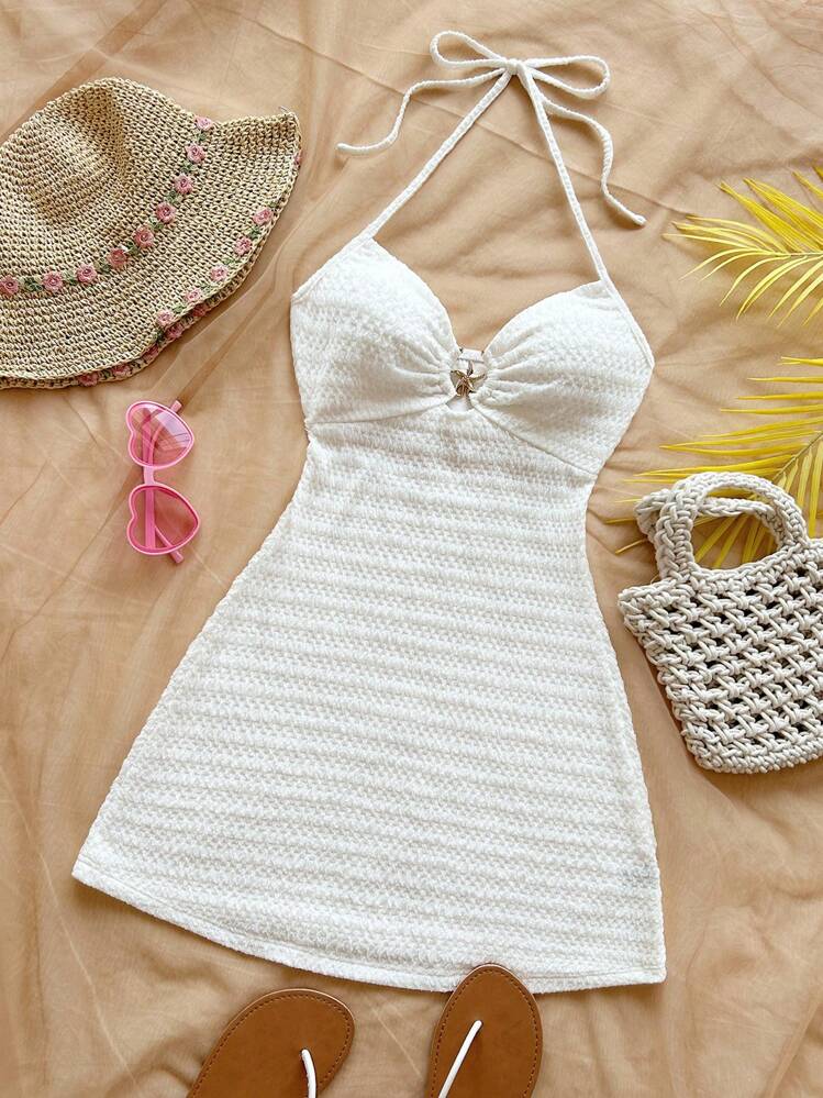 Soleia Sexy V-Neck Metal Starfish Decor Tie Neck Backless Textured Mini Dress, Ideal For Vacation, Date, Afternoon Tea, Holiday, Music Festival, Bohemian Style,Summer Dresses For Women - White - View 3