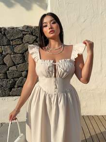 Sunnyshic Plus Size Women Elegant Cream Woven Bodycon Camisole Dress With Short Cap Sleeves, Tie Neck, Midi Length - Apricot - View 4