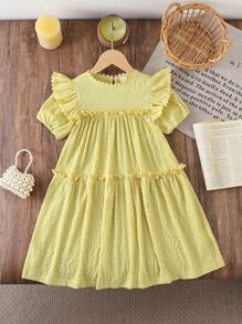 SHEIN Vestido informal de manga corta de unicolor con volantes para niña - Amarillo - Ver 4