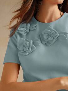 Anewsta 1 件女士优雅腰部红色短袖圣诞连衣裙，带有 3D 花卉装饰，适合新年衣服 - 藍色 - 查看 7