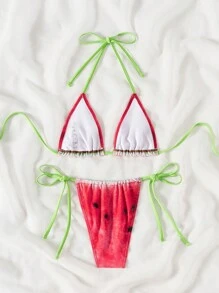 SHEIN Swim Springbreak Women Random Print Micro Triangle Halter Cute Bikini Set For Summer Beach Vacation