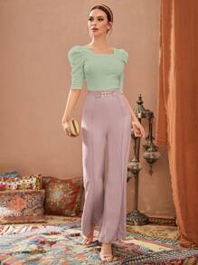 Modelyn T-shirt femme à col carré et manches bouffantes, rouge bourgogne