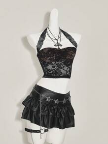 SHEIN ICON Top de camisola con cuello de halter y encaje ajustado y corto, estilo sexy para salir de las mujeres - Negro - Ver 3