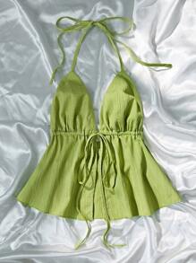 Camiseta de tirantes con cordón de color verde para mujer, para primavera/verano - Verde - Ver 4